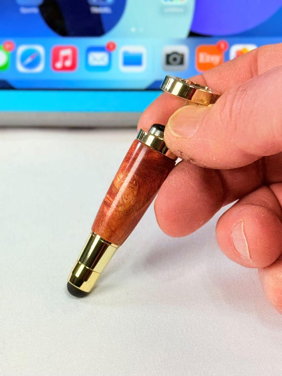 Smartphone Stand and Stylus, Handcrafted, Golden with Tiger Oak Burl Wood, Handmade by ASH Woodshops