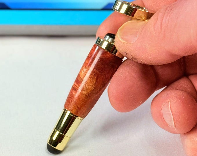 Handmade Tiger Oak Burl Phone Stand & Stylus – Gold Accent