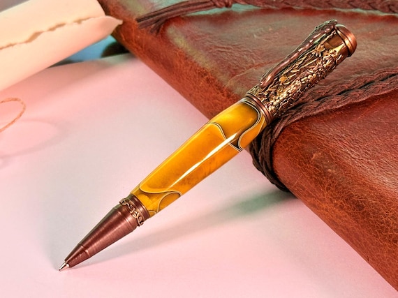 Handmade Botanical Ballpoint Pen: Yellowjacket Acrylic, Oil Rubbed Bronze
