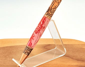 Custom Lovers Pen Twist Ballpoint - Pink Acrylic & Copper Trim Handmade Writers Gift