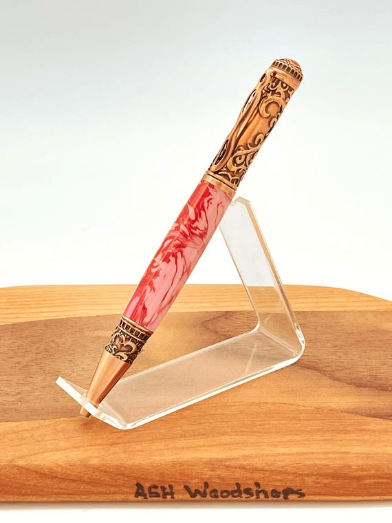 Handmade Pink Acrylic Twist Ballpoint Pen - Copper Trim Writers Gift