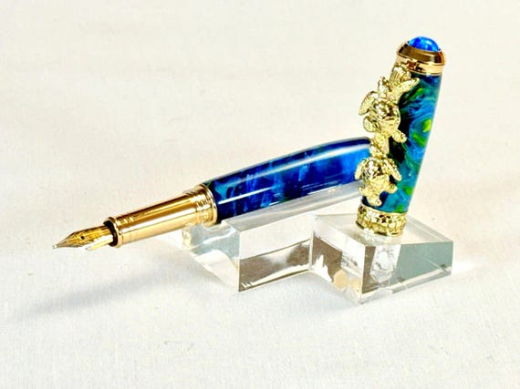 Handmade Sea Turtle Rollerball or Fountain Pen: 24k Gold, Fire Opal, Ocean Mist Acrylic