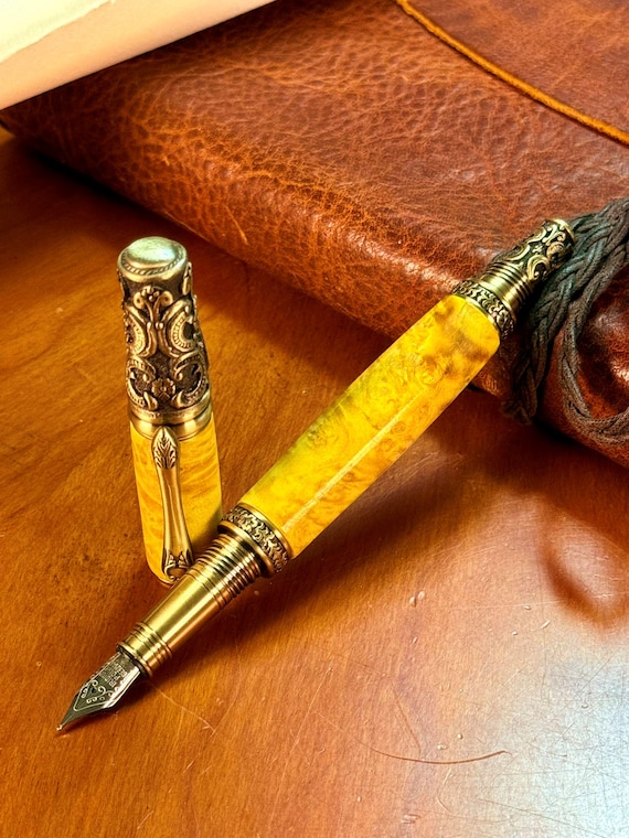 Victorian Style Fountain Pen Yellow Dyed Buckeye Burl Wood Luxury Handmade Writing Instrument Gift for Writers Pen Collectors Executives