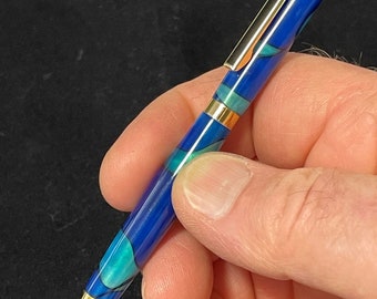 Handmade Twist Ballpoint Pen: Light & Dark Blue Acrylic, Slim Design