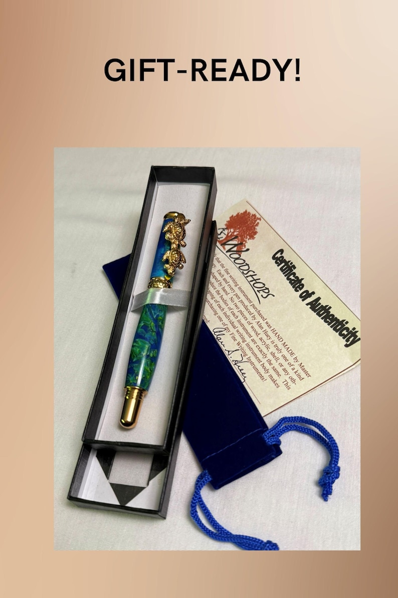 The Sea Turtle Roller Ball pen features a stunning blue-ocean synthetic Fire Opal, turtle shell texture, and sea turtle clip. Truly a turtle lover gift. It comes either as a Rollerball or Fountain Pen. The cap posts securely with wide threads that won't cross. Hawaiian Honu Pen that has beautiful ocean themed features. One of my favorite Sea Creatures is the Sea Turtle. This Pen has it all. The pen comes with a windowed pen box making this item gift-ready.