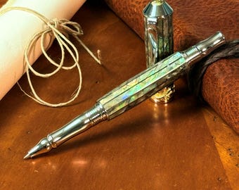 Luxury Abalone Shell Rollerball Pen with Rhodium & 22K Gold Accents, Genuine New Zealand Paua Abalone Shell