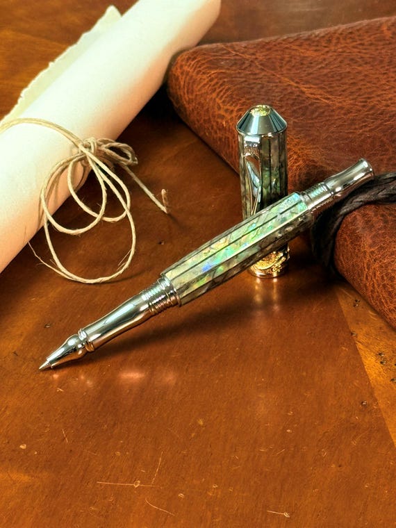 Luxury Abalone Shell Rollerball Pen with Rhodium & 22K Gold Accents, Genuine New Zealand Paua Abalone Shell