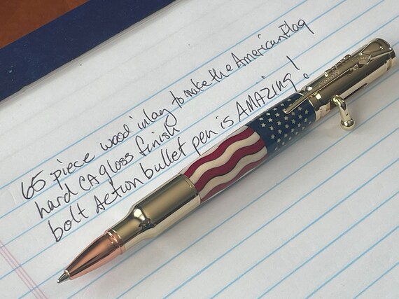 Wood Inlaid American Flag Bullet Pen – 30 Cal Bolt Action Pen – Unique Gift for Hunter, Shooter, or Veteran - Handcrafted for Patriots