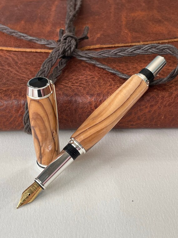 Writers Gift! Handmade Fountain Pen, Journaling Pen, Chrome Trim, Holyland Olive Wood Body, Handcrafted By ASH Woodshops, Collector