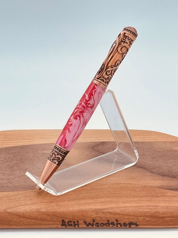 Love This Twist Ballpoint Pen - Pink Blush Acrylic body with Copper Trim Handcrafted Writers gift for her handcrafted by ASHWoodshops