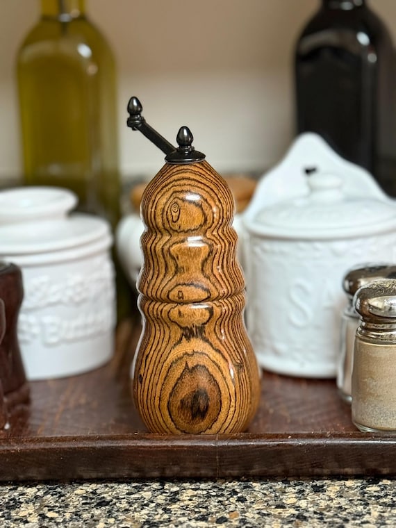 Salt or Pepper Mill, Rare Mexican Bocote Tropical Hardwood, Ceramic Grind Mechanism, Rustic Kitchen, 7" Tall, Handcrafted by ASH Woodshops