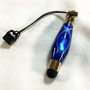 Handmade Mini Stylus Charm, Sapphire Blue Acrylic, 24K Gold Micro Smartphone Dust Plug