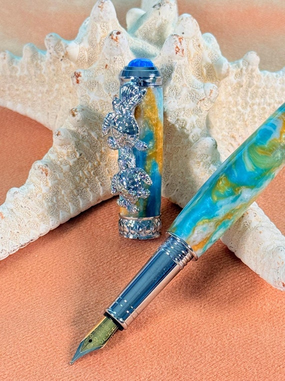 Sea Turtle Fountain Pen Handmade Pen Ocean Theme Gift Chrome Pen Beachcomber Acrylic Turtle Lover Gift