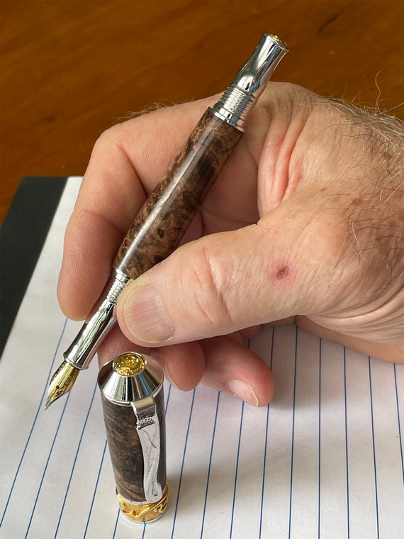 Burl Wood Fountain Pen Fit for a King or Queen, Handcrafted By ASH Woodshops, a great writers gift, Platinum and Gold Trim, Exquisite detail