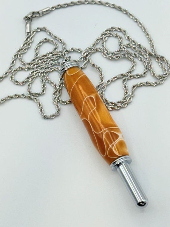 Seam Ripper Necklace with 36" Chain, Gold with White Thread Acrylic and Chrome metal, Handcrafted by ASH Woodshops