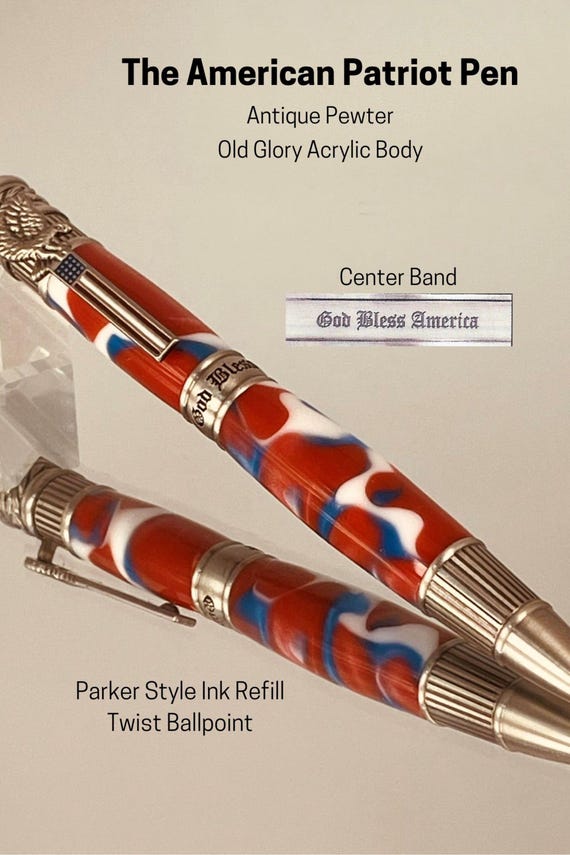 American Patriot Ballpoint Pen, Old Glory Red White and Blue Acrylic with Antique Pewter trim, ASH Woodshops