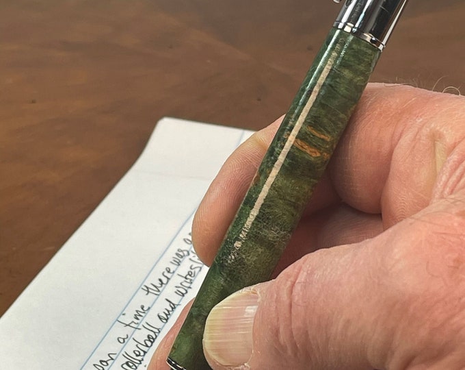 Handmade Green Maple Burl Wood Rollerball Pen: Magnetic Cap, Chrome Trim, Smooth Writing