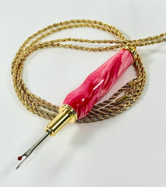 Seam Ripper Necklace with magnetic 36" chain, Pink Blush Acrylester and 24k Gold metal, Handcrafted by ASH Woodshops