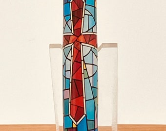 Stained Glass Cross Acrylic Twist Ballpoint Pen, Blue and Chrome, Handmade By ASHWoodshops Brilliant Writers Gift! Prism Journaling Pen
