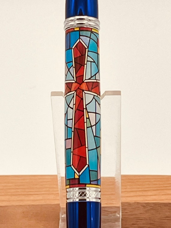 Stained Glass Window Pen - Red Christian Cross Motif Blue Chrome and Chrome Trim - Handmade By ASHWoodshops