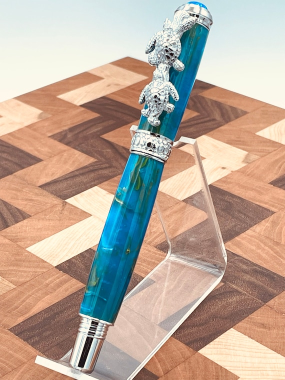Handmade Fountain Pen Sea Turtle Inspired Writers Gift Chrome & Acrylic Unique Writing Pen Handcrafted Bespoke Artisan Pen Everyday Carry