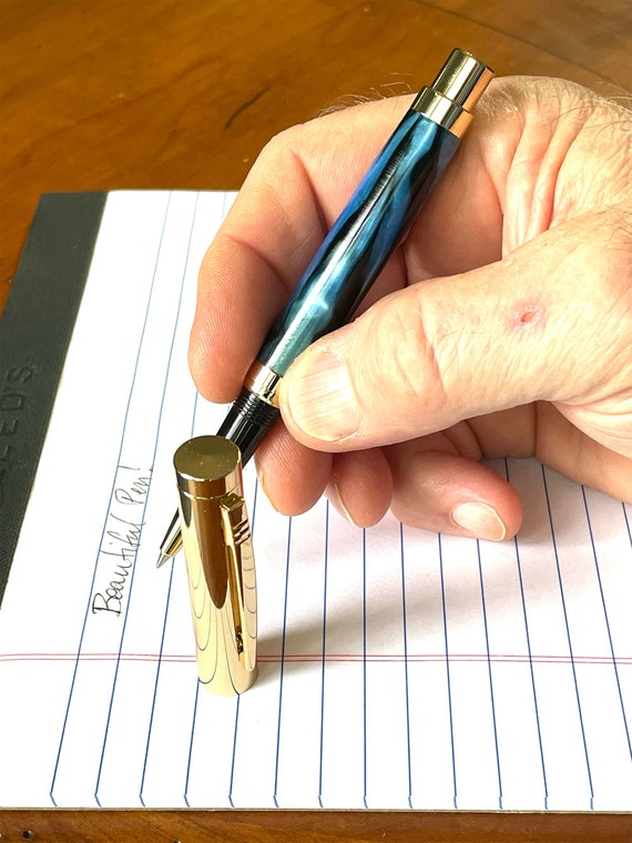 Rollerball Pen - Blue Acrylic & 10K Gold Trim -  Handcrafted By ASHWoodshops