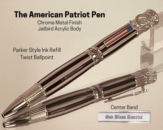 Patriotic Twist Ballpoint Pen, Black and White Acrylic Body with Chrome trim, Handcrafted by ASH Woodshops