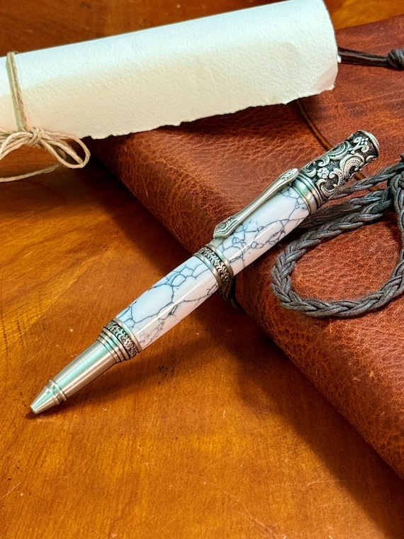 Artisan Victorian Pen Baroque Ballpoint Pen with Antique Pewter Trim Luxury Writing Gift for Men Women White Marble TrueStone Vintage Style