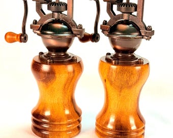 Exotic Wood Pepper Mill, Vintage Hand Crank Grinder with Exposed Gears, Goncalo Alves