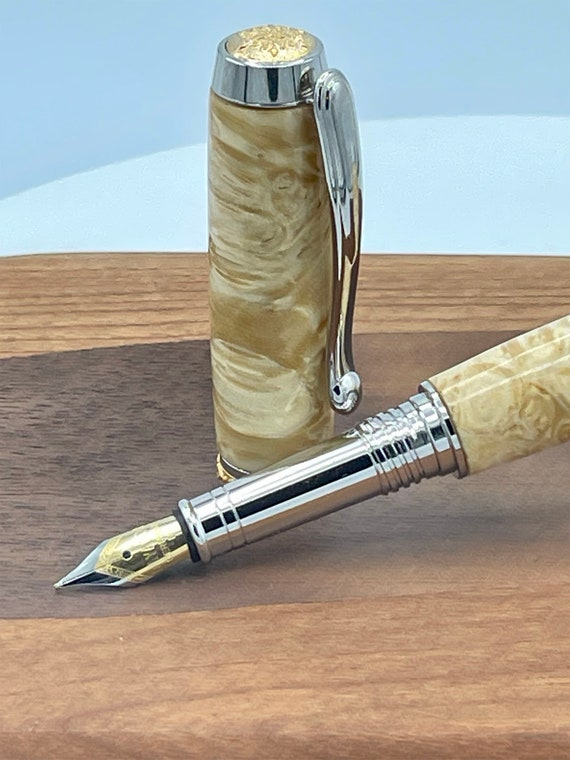 Beautiful Writers Gift! Handmade Fountain Pen, Platinum / 22k Gold, Exhibition Grade Buckeye Burl Wood, Handcrafted By ASH Woodshops