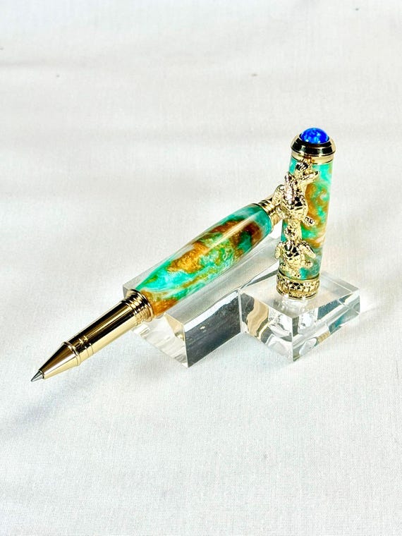 Handmade Sea Turtle Rollerball Pen: 24K Gold, Fire Opal, Beachcomber Acrylic