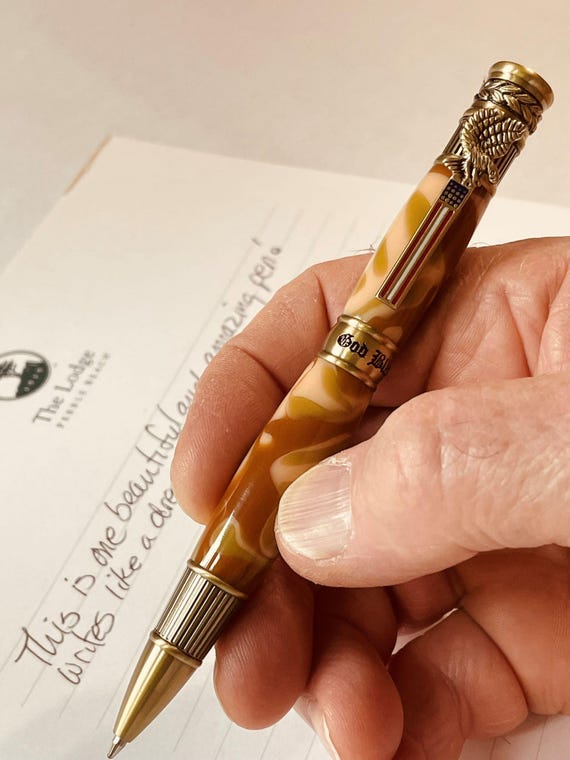 Handcrafted American Patriot Ballpoint Pen: Desert Camo, Antique Brass