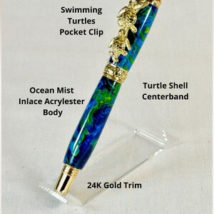 The Sea Turtle Roller Ball pen features a stunning blue-ocean synthetic Fire Opal, turtle shell texture, and sea turtle clip. Truly a turtle lover gift. It comes either as a Rollerball or Fountain Pen. The cap posts securely with wide threads that won't cross. Hawaiian Honu Pen that has beautiful ocean themed features. One of my favorite Sea Creatures is the Sea Turtle. This Pen has it all. The pen comes with a windowed pen box making this item gift-ready.