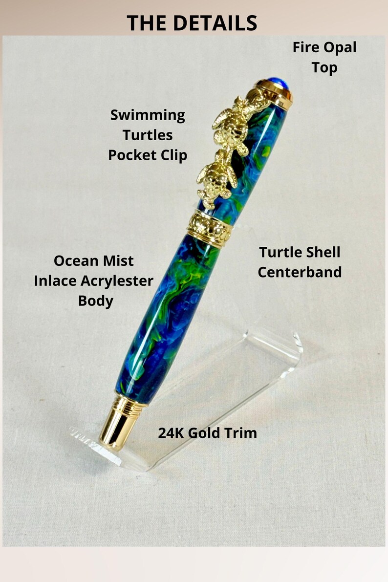 The Sea Turtle Roller Ball pen features a stunning blue-ocean synthetic Fire Opal, turtle shell texture, and sea turtle clip. Truly a turtle lover gift. It comes either as a Rollerball or Fountain Pen. The cap posts securely with wide threads that won't cross. Hawaiian Honu Pen that has beautiful ocean themed features. One of my favorite Sea Creatures is the Sea Turtle. This Pen has it all. The pen comes with a windowed pen box making this item gift-ready.