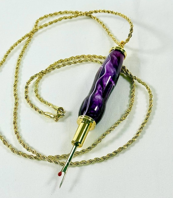 Seam Ripper with magnetic 36" necklace, Purple & Lavender Lava Bright Acrylic and 24k Gold metal, Handcrafted by ASH Woodshops
