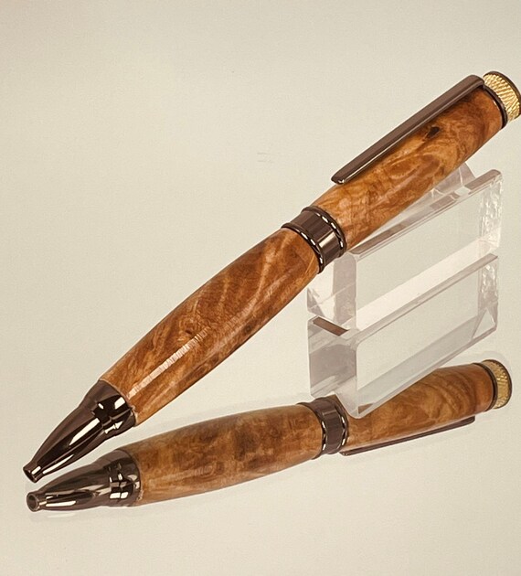 The Magnate Pen, Gunmetal and Gold with Maple Burl Wood Body, Handcrafted by ASH Woodshops