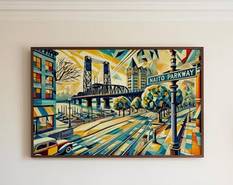 Naito Parkway Cubism Art Print: Portland Oregon Travel Poster