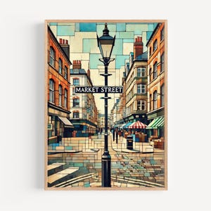 Stampa artistica da parete di Manchester Market St - Poster di viaggio e decorazione inglese, regalo di inaugurazione della casa, mappa della città di Manchester, decorazione da parete di viaggio nel Regno Unito