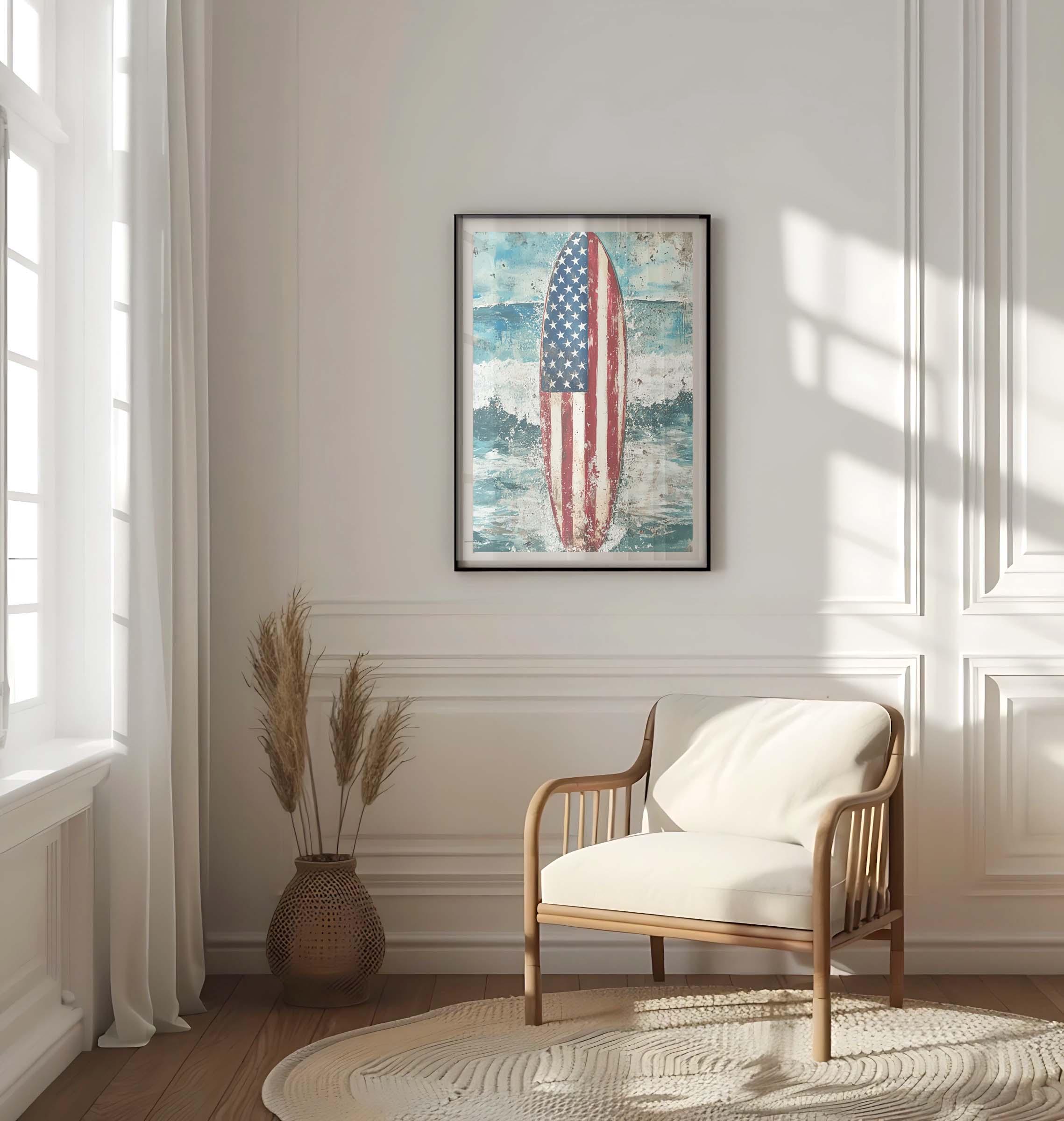 American Flag Surfboard Art Print: Patriotic Beach House Decor - Etsy