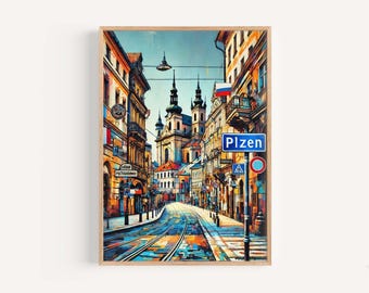 Plzen Czech Republic Art Print: Vibrant City Travel Poster
