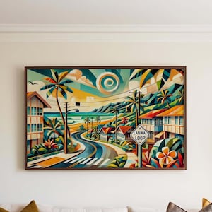 Lanikai Loop Wall Art Cubism Print – Oahu Hawaii Travel Poster, Housewarming & Hawaii Gift, Modern Travel Art Decor