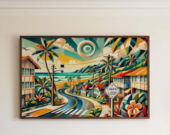 Lanikai Loop Wall Art Cubism Print – Oahu Hawaii Travel Poster, Housewarming & Hawaii Gift, Modern Travel Art Decor