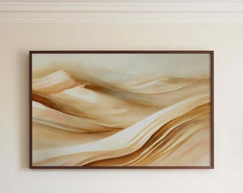 May include: Abstract painting with a brown and beige color scheme. The painting depicts a series of flowing, wavy lines that resemble sand dunes.