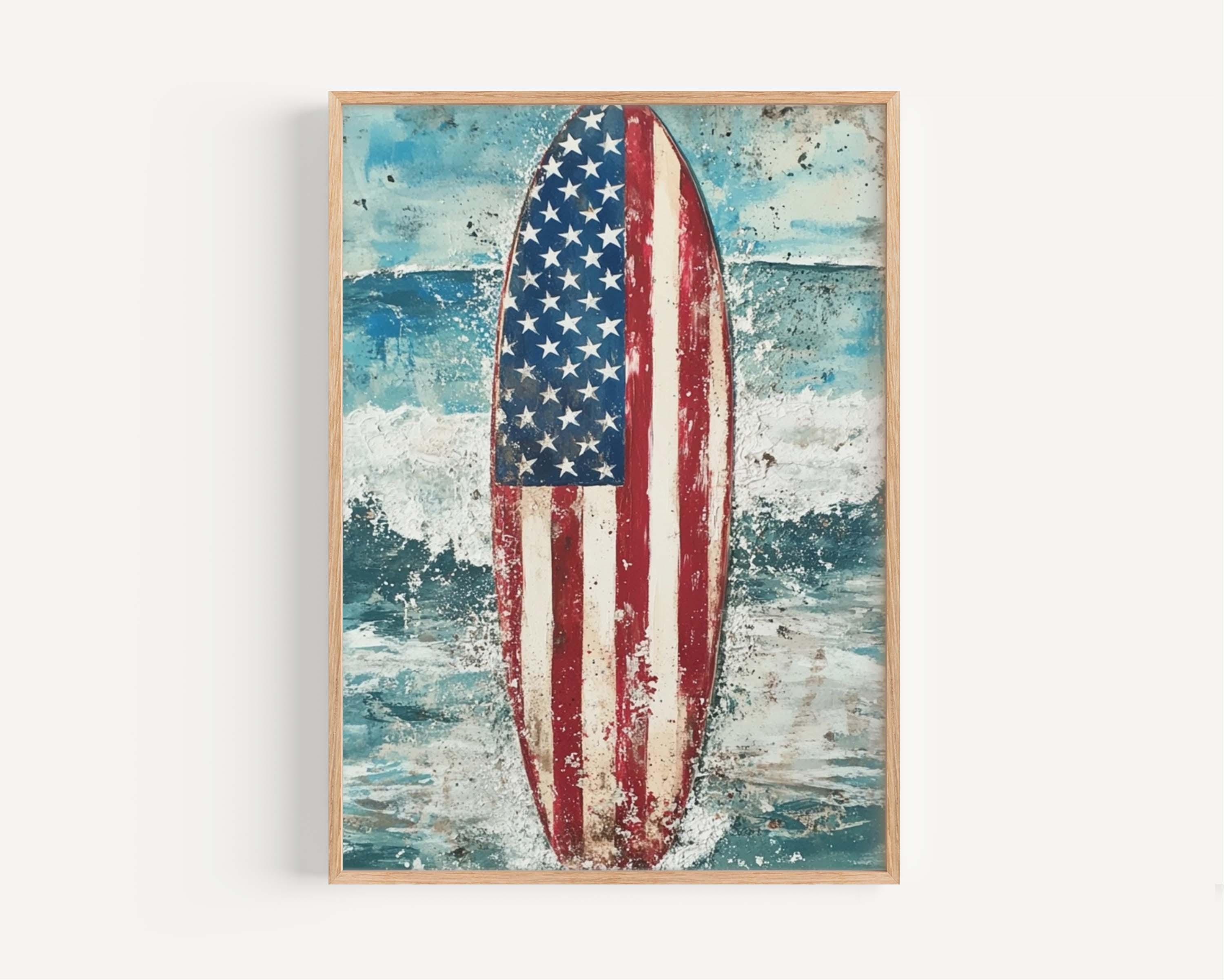 American Flag Surfboard Art Print: Patriotic Beach House Decor - Etsy