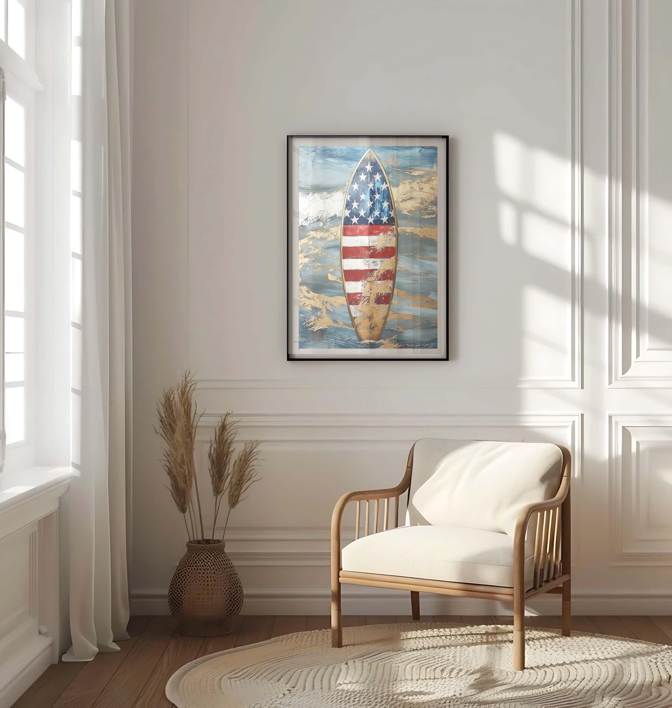 American Flag Surfboard Art Print: Patriotic Beach House Decor - Etsy
