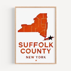 Art mural du comté de Suffolk, impression du comté de Suffolk, art de New York, cadeau NY, impression de voyage, décoration d'intérieur, cadeau de pendaison de crémaillère, oeuvre d'art murale collège