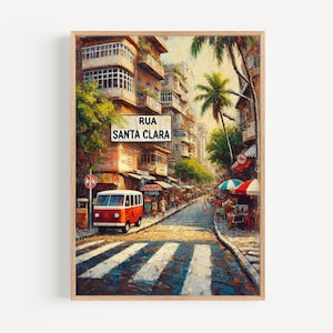 Impression d&#39;art mural Rua Santa Clara, paysage urbain de Rio de Janeiro, style de vie au bord de la plage, cadeau de pendaison de crémaillère, affiche de voyage, souvenir personnalisé