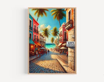 May include: A framed art print depicting a vibrant street scene. Buildings in shades of pink, blue, and beige line a cobblestone street, with palm trees and a glimpse of the ocean. The sign reads "Quinta Avenida".