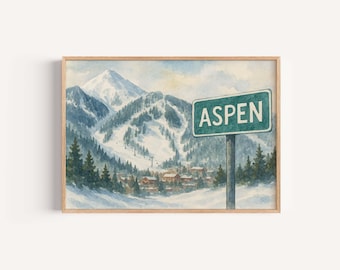 Aspen Mountain Poster, Ski Colorado Wall Art, Winter Decor, Mountain Landscape Print, Aspen Ski Resort Map, Snowy Mountain Wall Decor