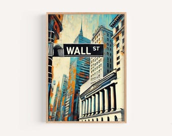 Arte mural de Wall Street, impresión de Wall Street, arte de Manhattan, regalo de Manhattan, impresión de viaje, póster de Nueva York, regalo de inauguración de la casa, arte de Nueva York, arte de Nueva York